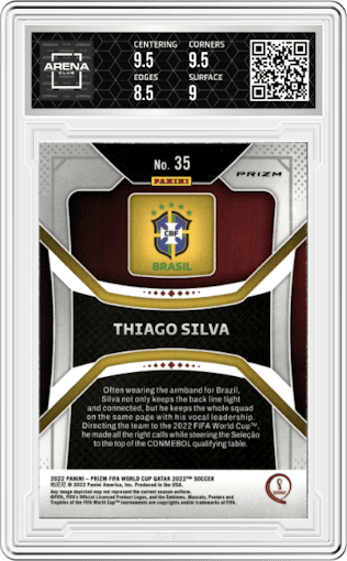 Thiago Silva from the 2022 Panini Prizm FIFA WC Qatar set featuring a Hyper Prizm parallel graded by Arena Club and given an overall grade of 9.