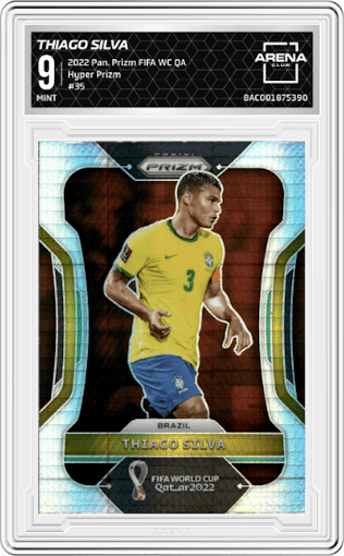 Thiago Silva from the 2022 Panini Prizm FIFA WC Qatar set featuring a Hyper Prizm parallel graded by Arena Club and given an overall grade of 9.
