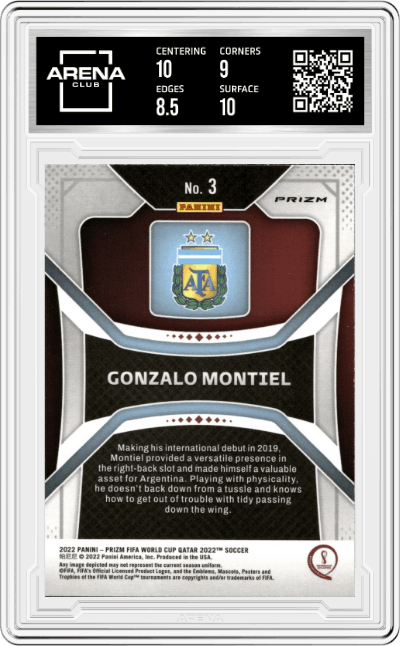 Gonzalo Montiel from the 2022 Panini Prizm FIFA WC Qatar set featuring a Silver Prizm parallel graded by Arena Club and given an overall grade of 9.
