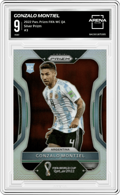 Gonzalo Montiel from the 2022 Panini Prizm FIFA WC Qatar set featuring a Silver Prizm parallel graded by Arena Club and given an overall grade of 9.