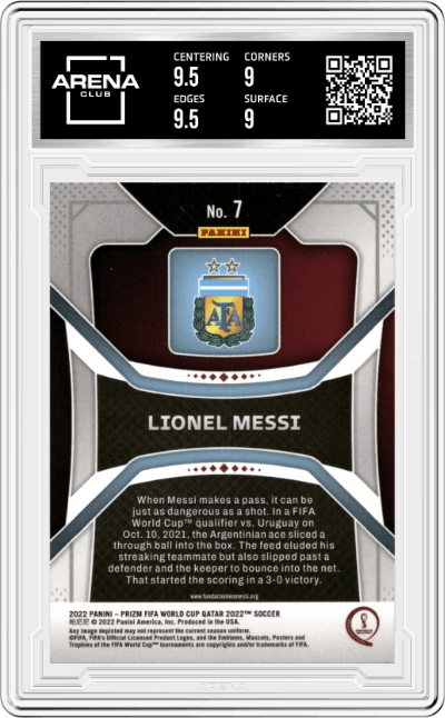 Lionel Messi from the 2022 Panini Prizm FIFA WC Qatar set graded by Arena Club and given an overall grade of 9.5.