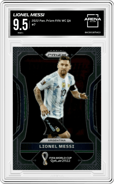 Lionel Messi from the 2022 Panini Prizm FIFA WC Qatar set graded by Arena Club and given an overall grade of 9.5.
