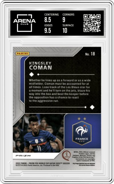 Kingsley Coman from the 2022 Panini Prizm FIFA WC Qatar set featuring a Silver Prizm parallel graded by Arena Club and given an overall grade of 9.
