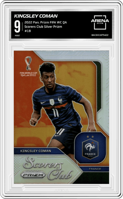 Kingsley Coman from the 2022 Panini Prizm FIFA WC Qatar set featuring a Silver Prizm parallel graded by Arena Club and given an overall grade of 9.