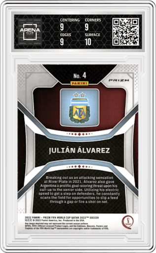 Julian Alvarez from the 2022 Panini Prizm FIFA WC Qatar set featuring a Ice Prizm parallel graded by Arena Club and given an overall grade of 9.5.