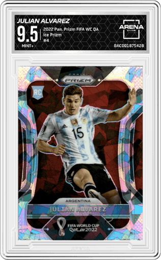 Julian Alvarez from the 2022 Panini Prizm FIFA WC Qatar set featuring a Ice Prizm parallel graded by Arena Club and given an overall grade of 9.5.
