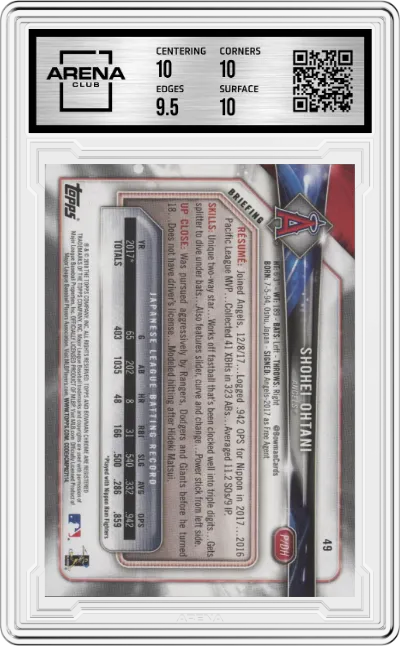 Shohei Ohtani from the 2018 Bowman set graded by Arena Club and given an overall grade of 10.