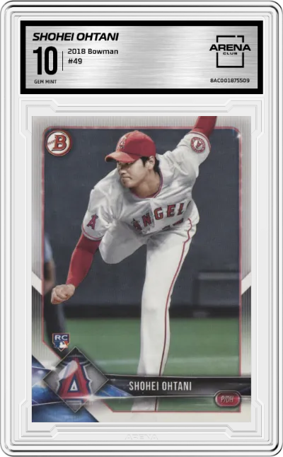 Shohei Ohtani from the 2018 Bowman set graded by Arena Club and given an overall grade of 10.