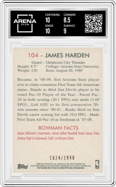James Harden from the 2009-10 Bowman '48 set featuring a Blue parallel graded by Arena Club and given an overall grade of 9.