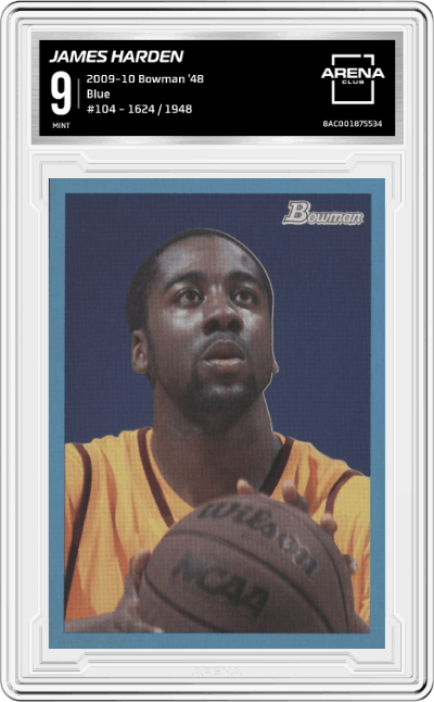 James Harden from the 2009-10 Bowman '48 set featuring a Blue parallel graded by Arena Club and given an overall grade of 9.