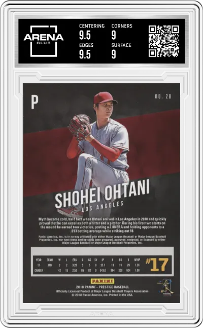 Shohei Ohtani from the 2018 Panini Chronicles set graded by Arena Club and given an overall grade of 9.5.