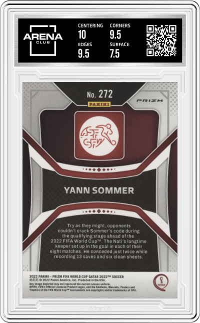 Yann Sommer from the 2022 Panini Prizm FIFA WC Qatar set featuring a Silver Prizm parallel graded by Arena Club and given an overall grade of 8.