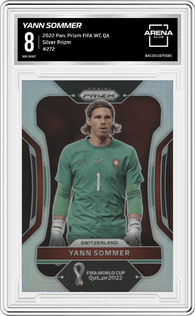 Yann Sommer from the 2022 Panini Prizm FIFA WC Qatar set featuring a Silver Prizm parallel graded by Arena Club and given an overall grade of 8.
