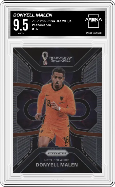 Donyell Malen from the 2022 Panini Prizm FIFA WC Qatar set graded by Arena Club and given an overall grade of 9.5.