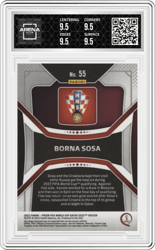 Borna Sosa from the 2022 Panini Prizm FIFA WC Qatar set graded by Arena Club and given an overall grade of 9.5.
