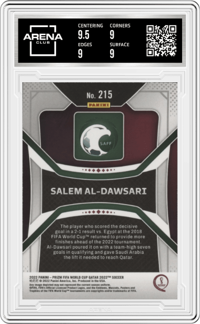 Salem Al-Dawsari from the 2022 Panini Prizm FIFA WC Qatar set graded by Arena Club and given an overall grade of 9.