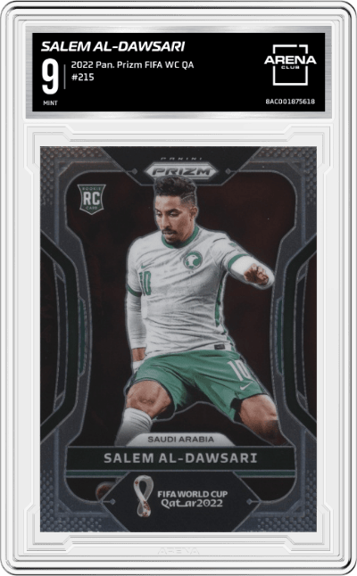 Salem Al-Dawsari from the 2022 Panini Prizm FIFA WC Qatar set graded by Arena Club and given an overall grade of 9.