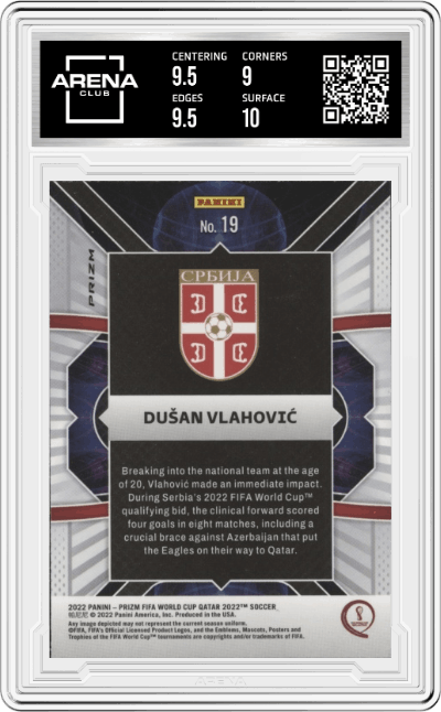 Dusan Vlahovic from the 2022 Panini Prizm FIFA WC Qatar set featuring a Silver Prizm parallel graded by Arena Club and given an overall grade of 9.5.