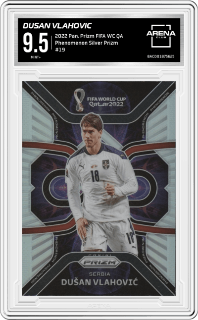 Dusan Vlahovic from the 2022 Panini Prizm FIFA WC Qatar set featuring a Silver Prizm parallel graded by Arena Club and given an overall grade of 9.5.