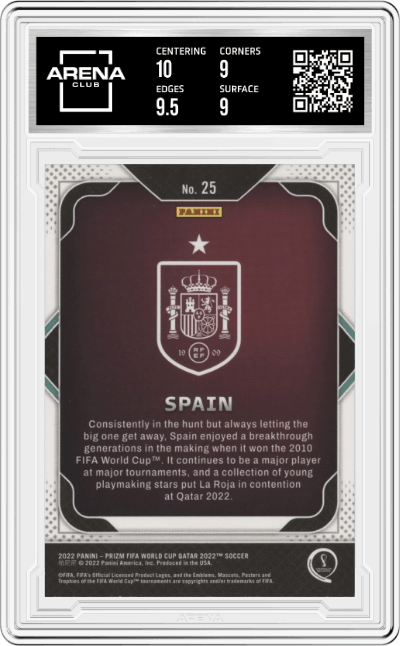 Spain from the 2022 Panini Prizm FIFA WC Qatar set graded by Arena Club and given an overall grade of 9.5.