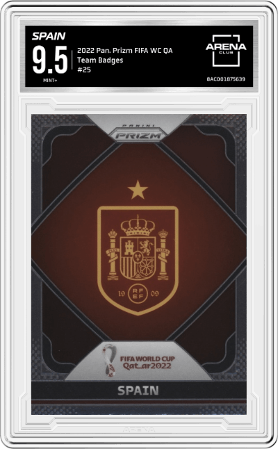 Spain from the 2022 Panini Prizm FIFA WC Qatar set graded by Arena Club and given an overall grade of 9.5.