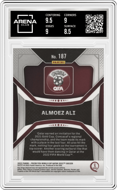 Almoez Ali from the 2022 Panini Prizm FIFA WC Qatar set graded by Arena Club and given an overall grade of 9.