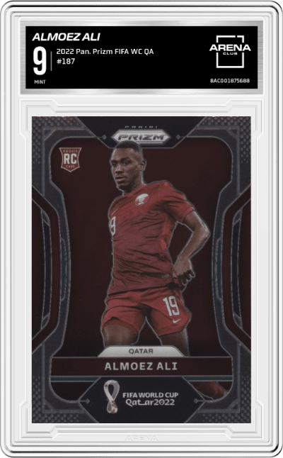 Almoez Ali from the 2022 Panini Prizm FIFA WC Qatar set graded by Arena Club and given an overall grade of 9.
