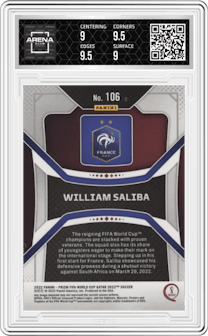 William Saliba from the 2022 Panini Prizm FIFA WC Qatar set graded by Arena Club and given an overall grade of 9.5.