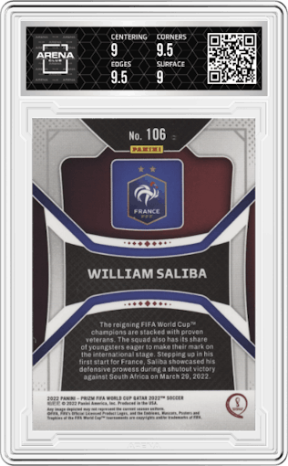 William Saliba from the 2022 Panini Prizm FIFA WC Qatar set graded by Arena Club and given an overall grade of 9.5.
