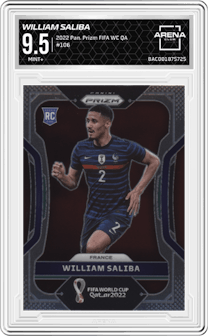 William Saliba from the 2022 Panini Prizm FIFA WC Qatar set graded by Arena Club and given an overall grade of 9.5.