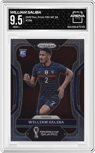 William Saliba from the 2022 Panini Prizm FIFA WC Qatar set graded by Arena Club and given an overall grade of 9.5.