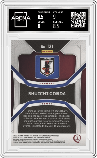Shuichi Gonda from the 2022 Panini Prizm FIFA WC Qatar set graded by Arena Club and given an overall grade of 9.
