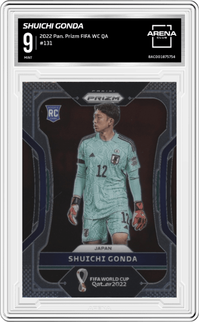 Shuichi Gonda from the 2022 Panini Prizm FIFA WC Qatar set graded by Arena Club and given an overall grade of 9.
