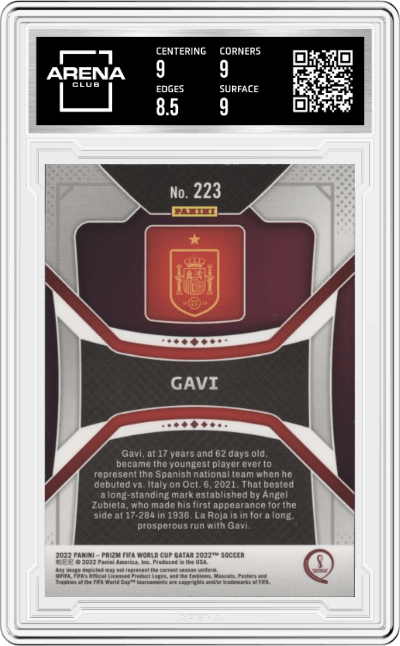 Gavi from the 2022 Panini Prizm FIFA WC Qatar set graded by Arena Club and given an overall grade of 9.