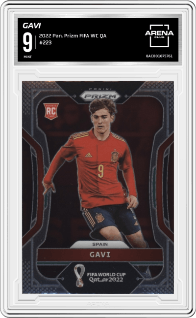 Gavi from the 2022 Panini Prizm FIFA WC Qatar set graded by Arena Club and given an overall grade of 9.