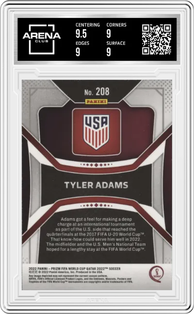 Tyler Adams from the 2022 Panini Prizm FIFA WC Qatar set graded by Arena Club and given an overall grade of 9.