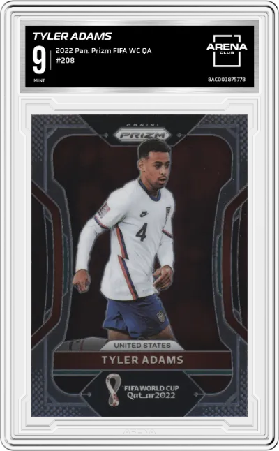 Tyler Adams from the 2022 Panini Prizm FIFA WC Qatar set graded by Arena Club and given an overall grade of 9.