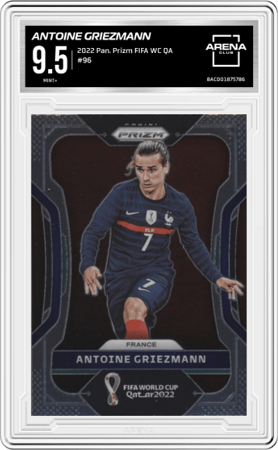 Antoine Griezmann from the 2022 Panini Prizm FIFA WC Qatar set graded by Arena Club and given an overall grade of 9.5.