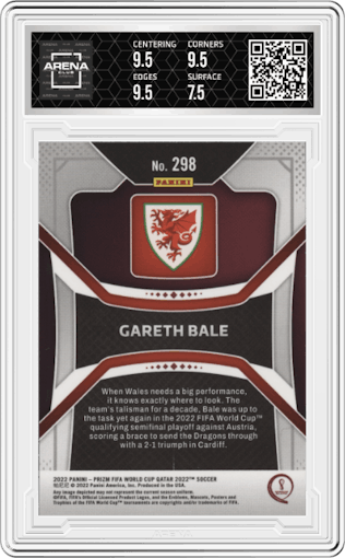 Gareth Bale from the 2022 Panini Prizm FIFA WC Qatar set graded by Arena Club and given an overall grade of 8.