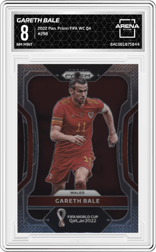 Gareth Bale from the 2022 Panini Prizm FIFA WC Qatar set graded by Arena Club and given an overall grade of 8.