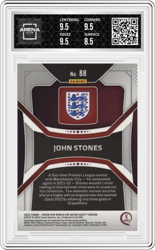 John Stones from the 2022 Panini Prizm FIFA WC Qatar set graded by Arena Club and given an overall grade of 9.