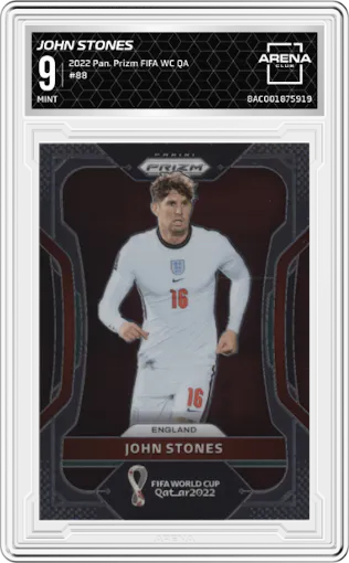 John Stones from the 2022 Panini Prizm FIFA WC Qatar set graded by Arena Club and given an overall grade of 9.