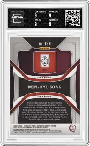Min-Kyu Song from the 2022 Panini Prizm FIFA WC Qatar set graded by Arena Club and given an overall grade of 9.