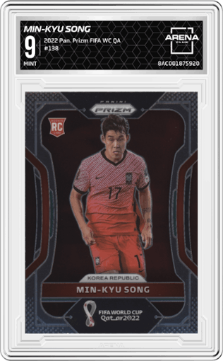 Min-Kyu Song from the 2022 Panini Prizm FIFA WC Qatar set graded by Arena Club and given an overall grade of 9.