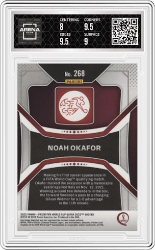 Noah Okafor from the 2022 Panini Prizm FIFA WC Qatar set graded by Arena Club and given an overall grade of 8.5.