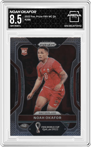 Noah Okafor from the 2022 Panini Prizm FIFA WC Qatar set graded by Arena Club and given an overall grade of 8.5.