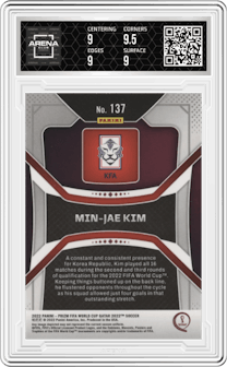 Min-Jae Kim from the 2022 Panini Prizm FIFA WC Qatar set graded by Arena Club and given an overall grade of 9.