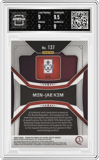 Min-Jae Kim from the 2022 Panini Prizm FIFA WC Qatar set graded by Arena Club and given an overall grade of 9.