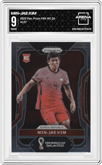 Min-Jae Kim from the 2022 Panini Prizm FIFA WC Qatar set graded by Arena Club and given an overall grade of 9.