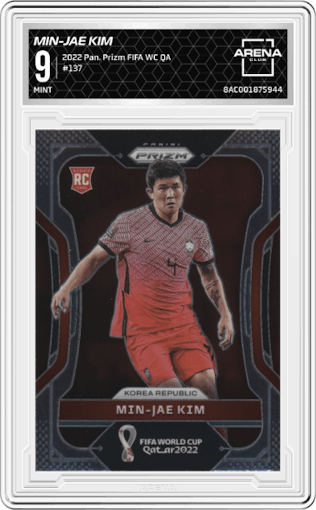 Min-Jae Kim from the 2022 Panini Prizm FIFA WC Qatar set graded by Arena Club and given an overall grade of 9.